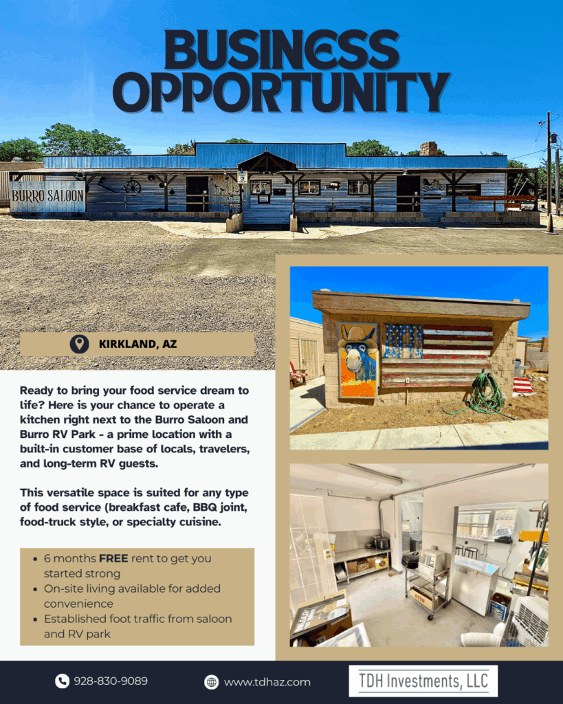 Burro Saloon commercial kitchen business opportunity flyer with exterior and kitchen photos